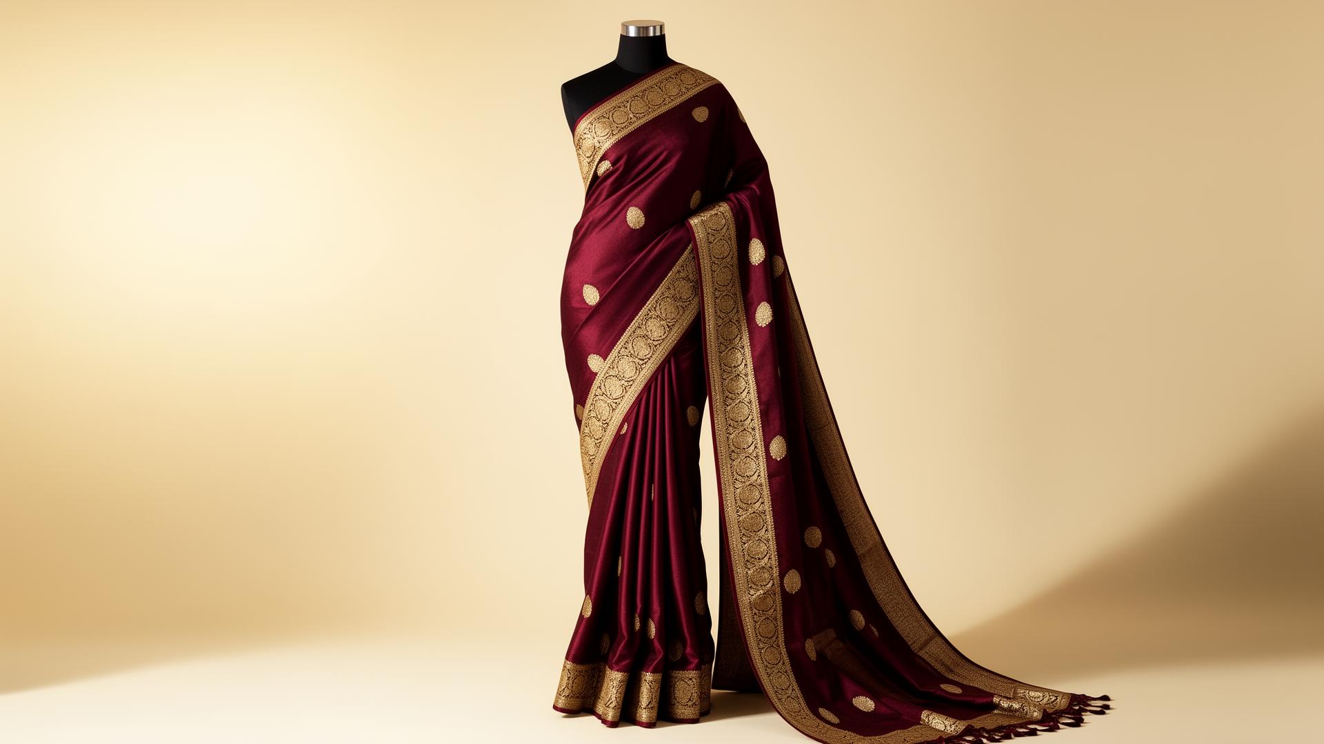 Maroon silk saree with gold zari border